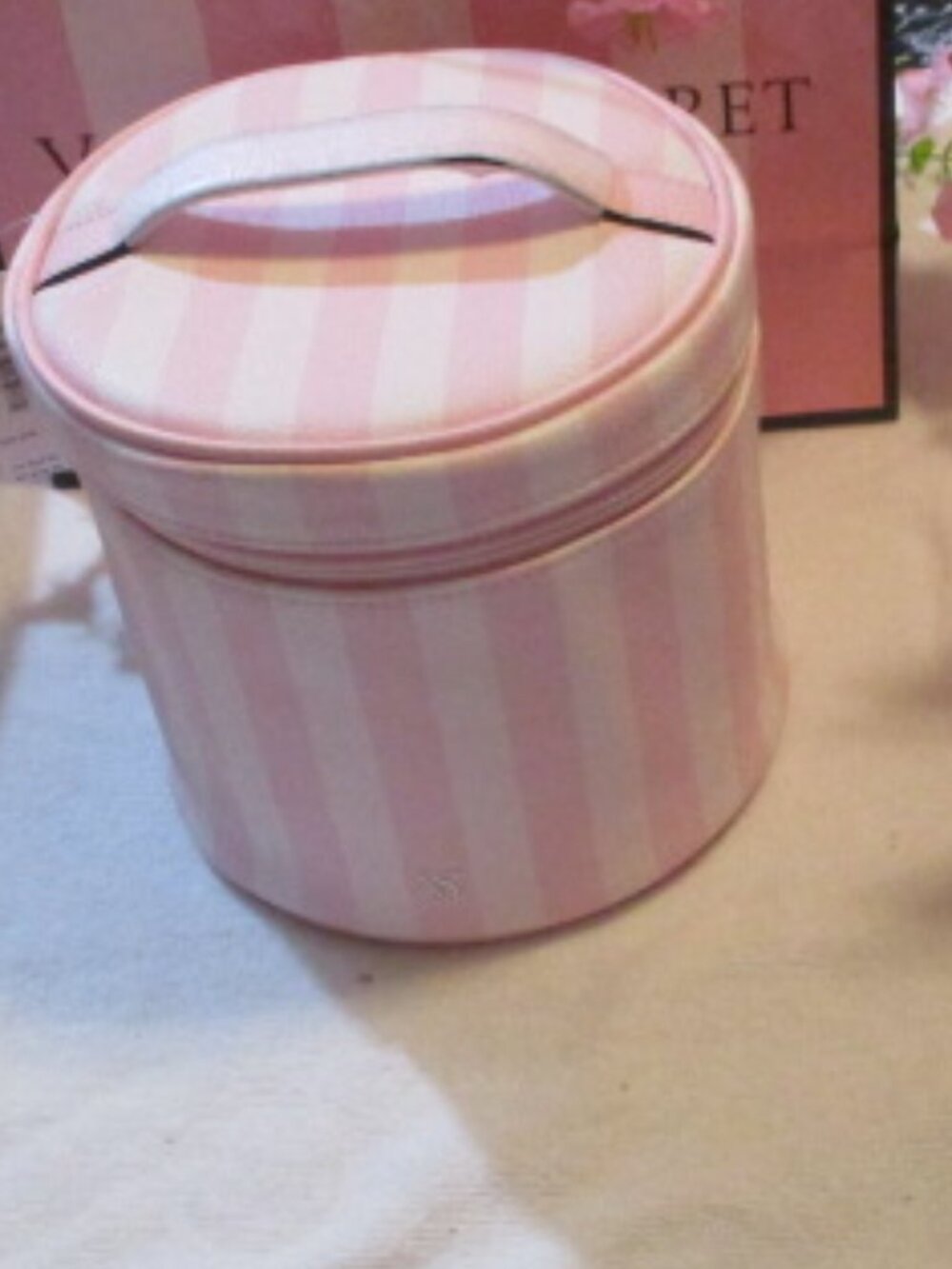 Heritage Stripe Pink and White Striped Round Hatbox Type Cosmetic Case NWT